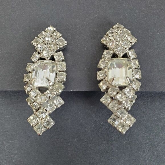 Vintage Jewelry - Vintage Clear Crystal Rhinestone Glass Statement Silver Tone Clip‎ On Earrings